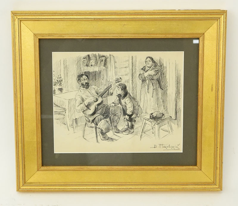 Attributed to: Vladimir Egorovich Makovsky, Russian (1846-1920) Pen and Ink, Genre Scene