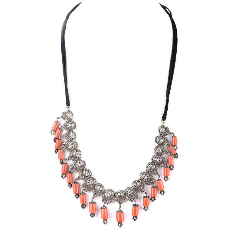 Indian Table Cut Diamond, Red Coral Bead and Silver Fringe Necklace with Gold Foil Back