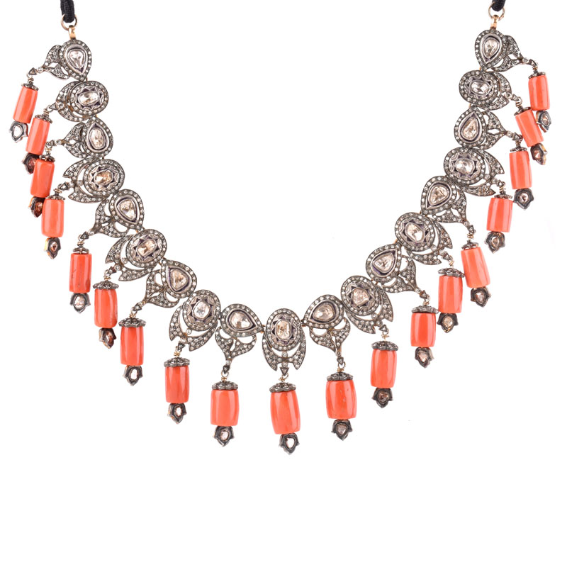 Indian Table Cut Diamond, Red Coral Bead and Silver Fringe Necklace with Gold Foil Back