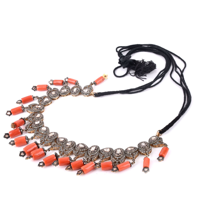 Indian Table Cut Diamond, Red Coral Bead and Silver Fringe Necklace with Gold Foil Back