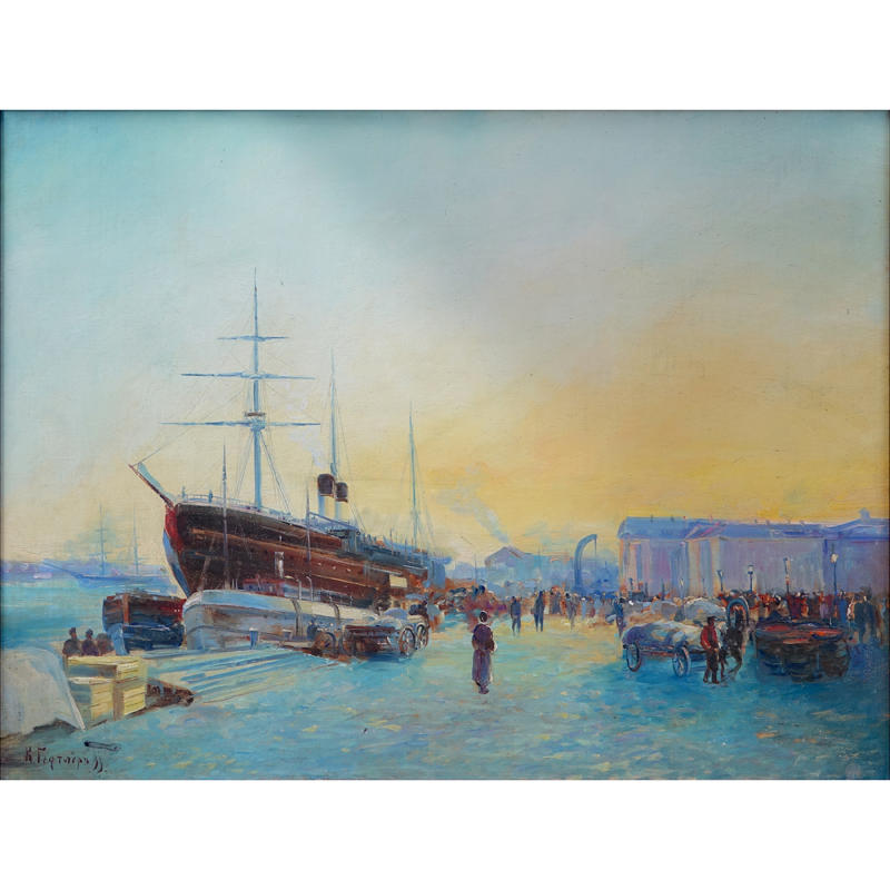 Karl Eduardovich Geftler, Russian (1858-1918) Oil on Canvas, Harbor Scene St