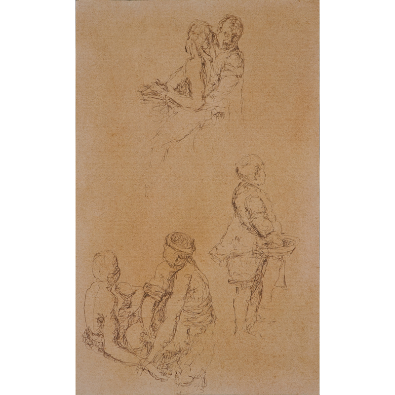 18/19th Century Old Master Drawing In Ink On Brown Paper "Study Of Six Figures"