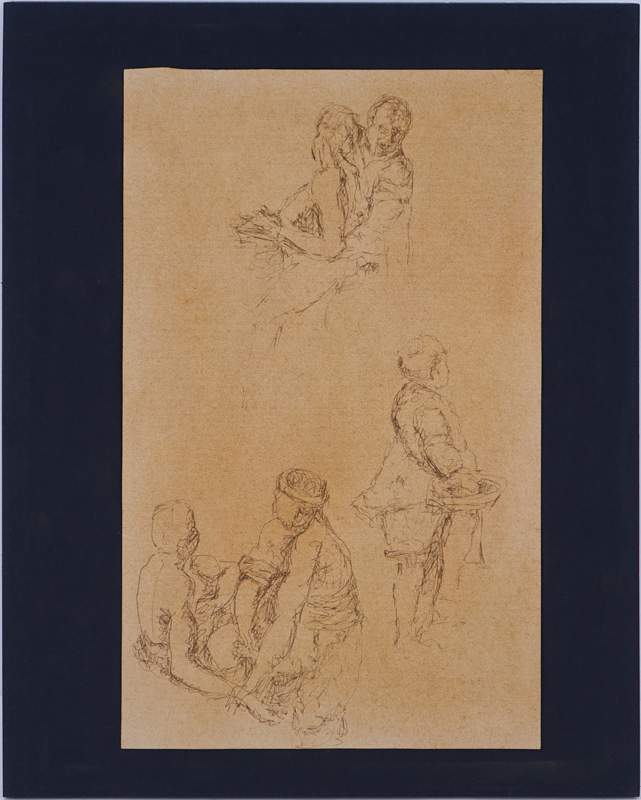 18/19th Century Old Master Drawing In Ink On Brown Paper "Study Of Six Figures"