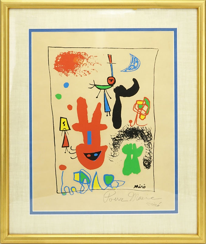 After: Joan Miro, Spanish   (1893 - 1983) Abstract Poster, Signed and Inscribed "Pour Marie" Lower Right