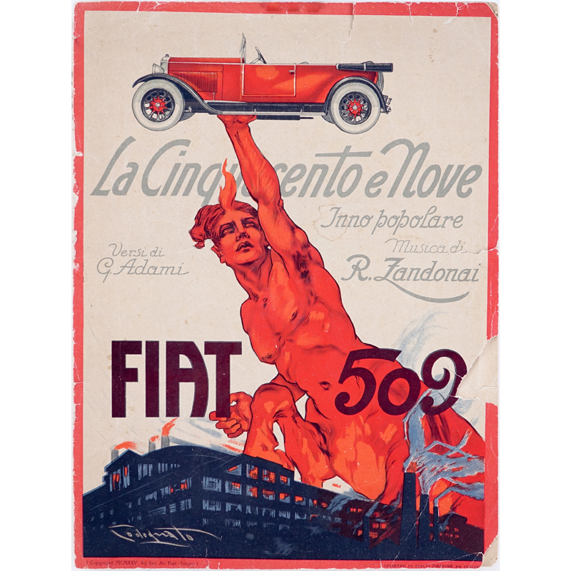 1925 Sheet Music For Fiat 509 Illustrated by Plinio Codognato (Verona, 1878-Milan, 1940)