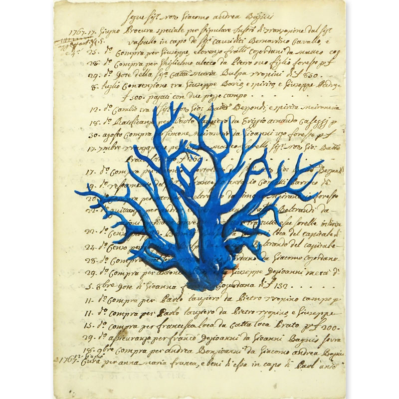 Italian School Hand Colored Engraving Of Blue Coral On 18th Century Manuscript