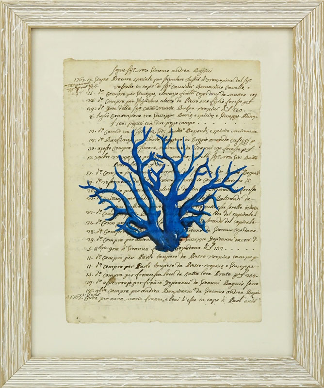 Italian School Hand Colored Engraving Of Blue Coral On 18th Century Manuscript