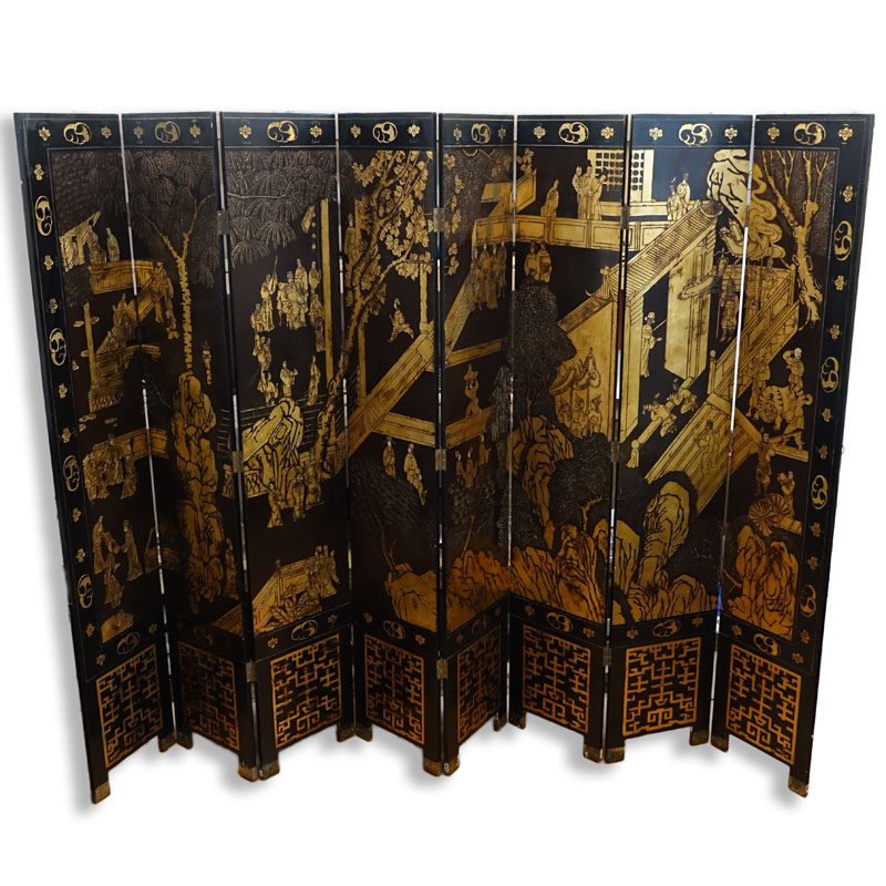 Large Chinese Black Lacquer and Gilt Painted 8 Panel Screen