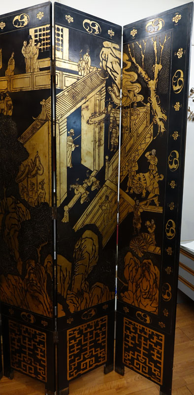 Large Chinese Black Lacquer and Gilt Painted 8 Panel Screen