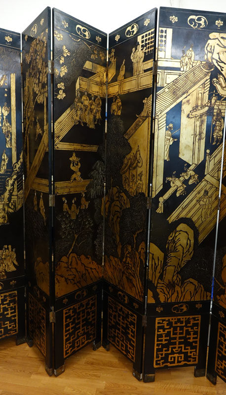 Large Chinese Black Lacquer and Gilt Painted 8 Panel Screen