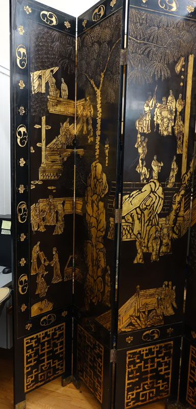 Large Chinese Black Lacquer and Gilt Painted 8 Panel Screen