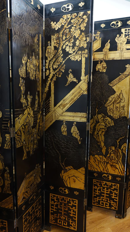 Large Chinese Black Lacquer and Gilt Painted 8 Panel Screen