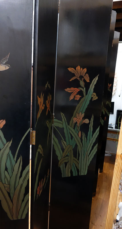 Large Chinese Black Lacquer and Gilt Painted 8 Panel Screen