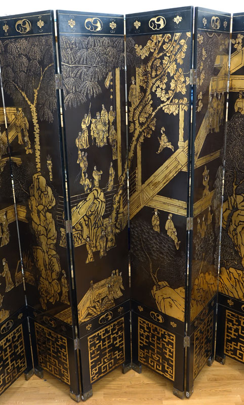 Large Chinese Black Lacquer and Gilt Painted 8 Panel Screen