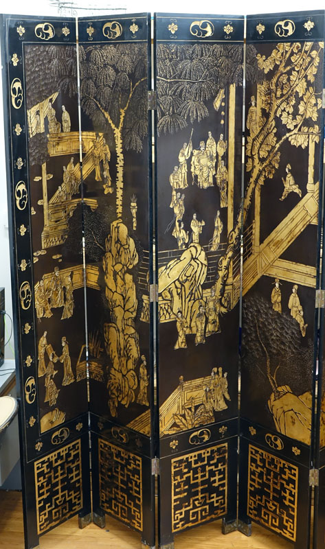 Large Chinese Black Lacquer and Gilt Painted 8 Panel Screen