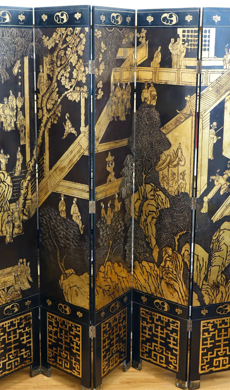 Large Chinese Black Lacquer and Gilt Painted 8 Panel Screen