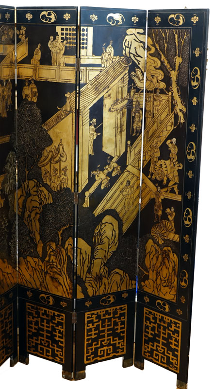 Large Chinese Black Lacquer and Gilt Painted 8 Panel Screen