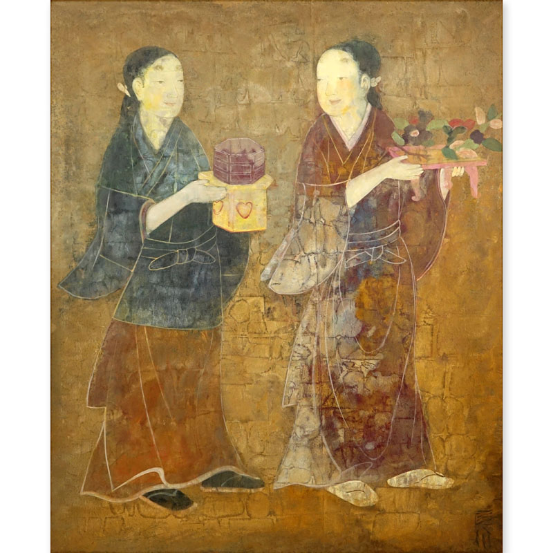 Mid Century Chinese Gouache on Paper. "Two Women"