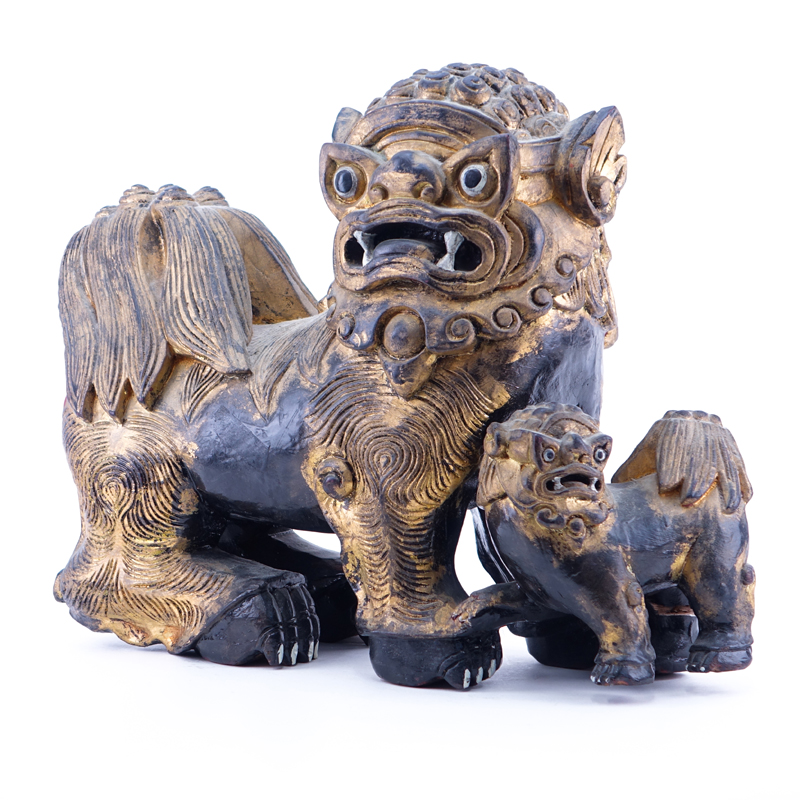 Large Modern Chinese Carved Wood Foo Dog Group