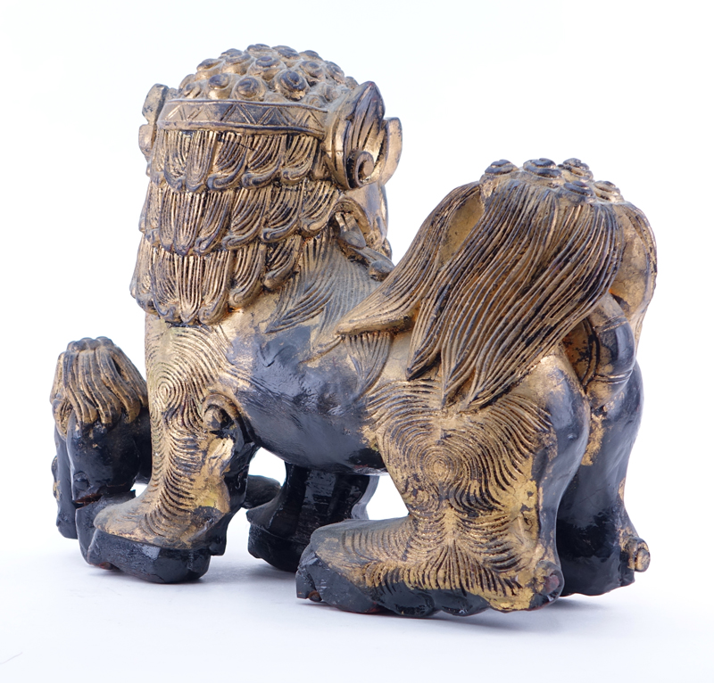 Large Modern Chinese Carved Wood Foo Dog Group
