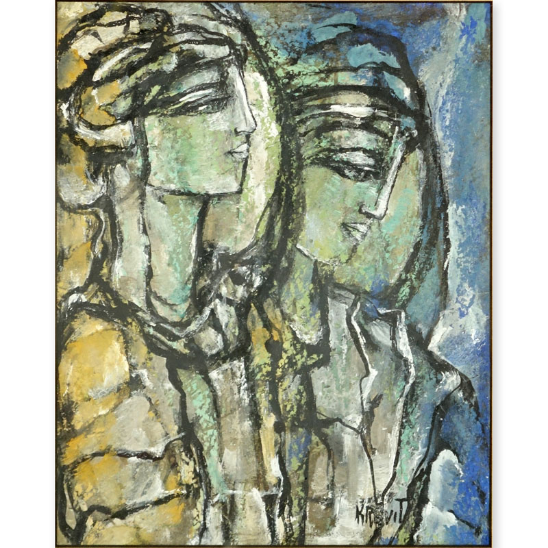 Mid-Century Modern Gouache on Paper Signed Kravit "Two Women"