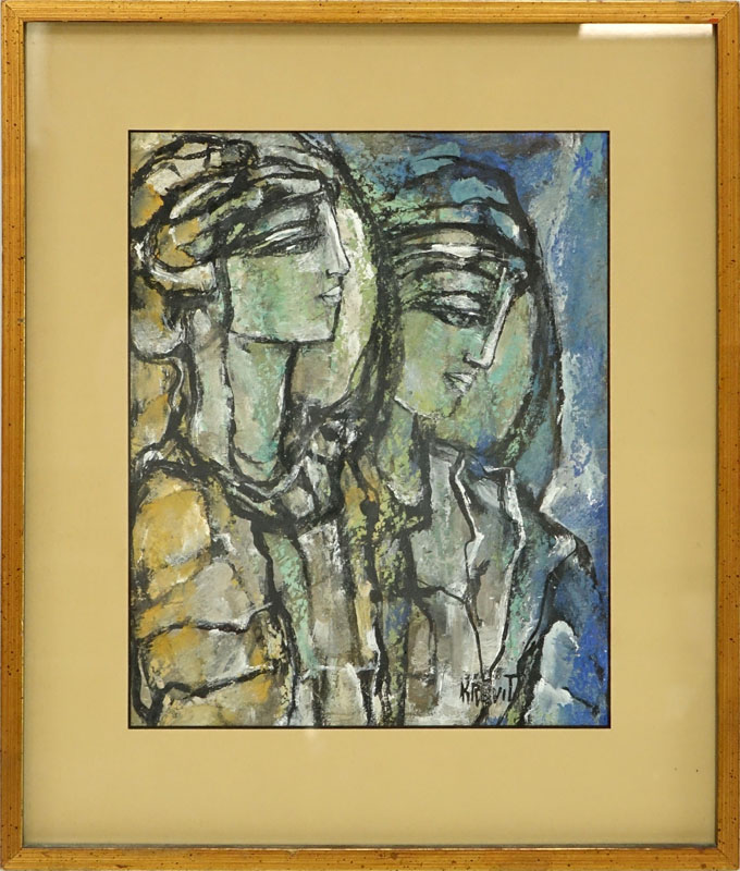 Mid-Century Modern Gouache on Paper Signed Kravit "Two Women"