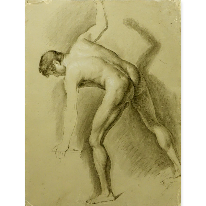 18/19th Century Italian Academic Graphite On Paper "Male Nude Study"