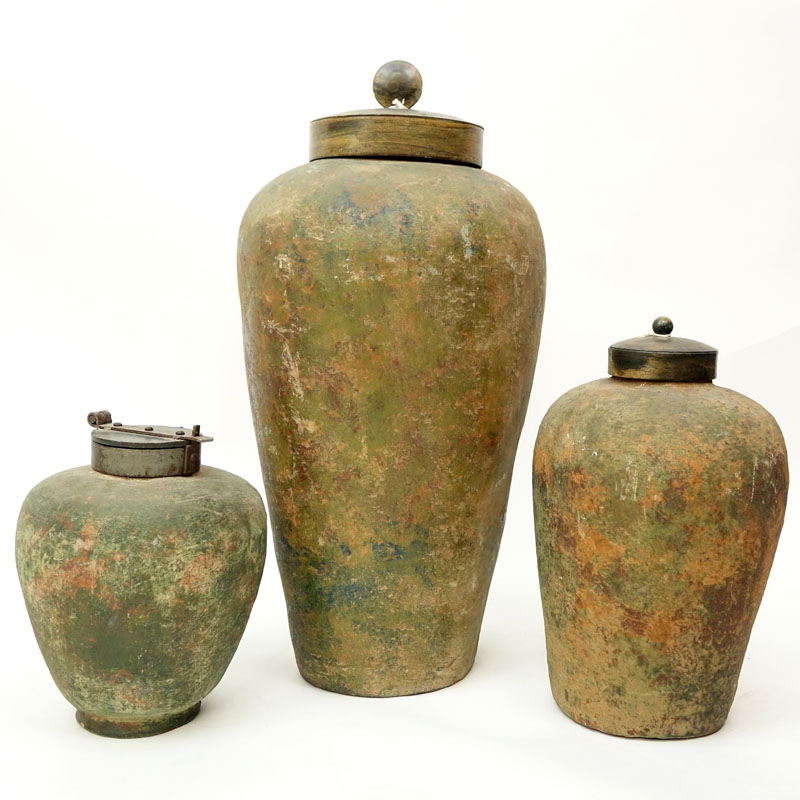 Collection of Three (3) Antique style Chinese Heavy Terra Cotta Covered Jars with Metal Lids