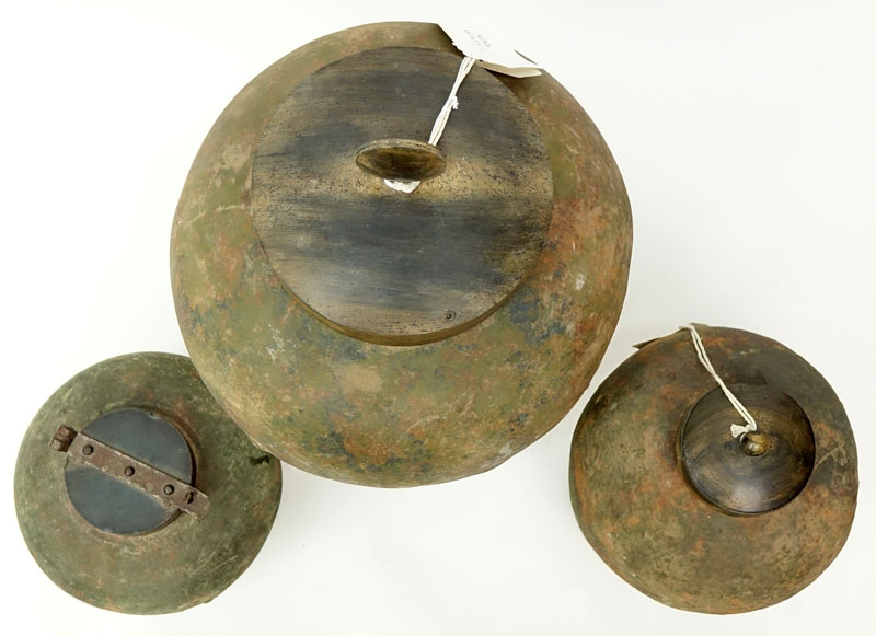 Collection of Three (3) Antique style Chinese Heavy Terra Cotta Covered Jars with Metal Lids