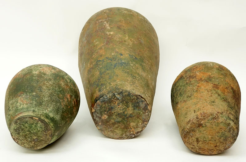 Collection of Three (3) Antique style Chinese Heavy Terra Cotta Covered Jars with Metal Lids