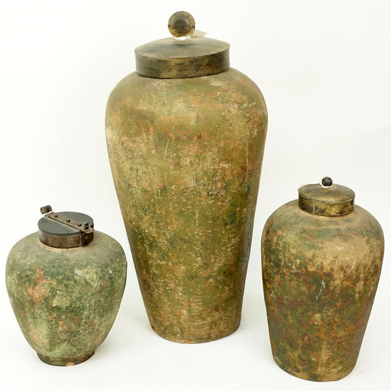 Collection of Three (3) Antique style Chinese Heavy Terra Cotta Covered Jars with Metal Lids