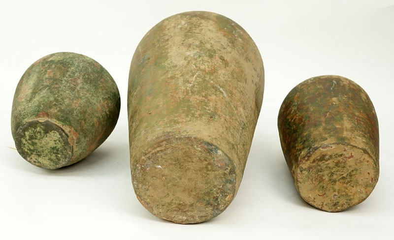 Collection of Three (3) Antique style Chinese Heavy Terra Cotta Covered Jars with Metal Lids