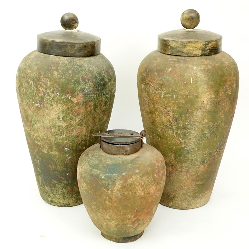 Collection of Three (3) Antique style Chinese Heavy Terra Cotta Covered Jars with Metal Lids