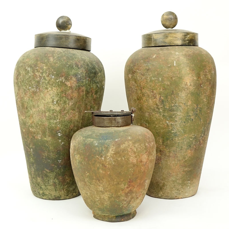 Collection of Three (3) Antique style Chinese Heavy Terra Cotta Covered Jars with Metal Lids