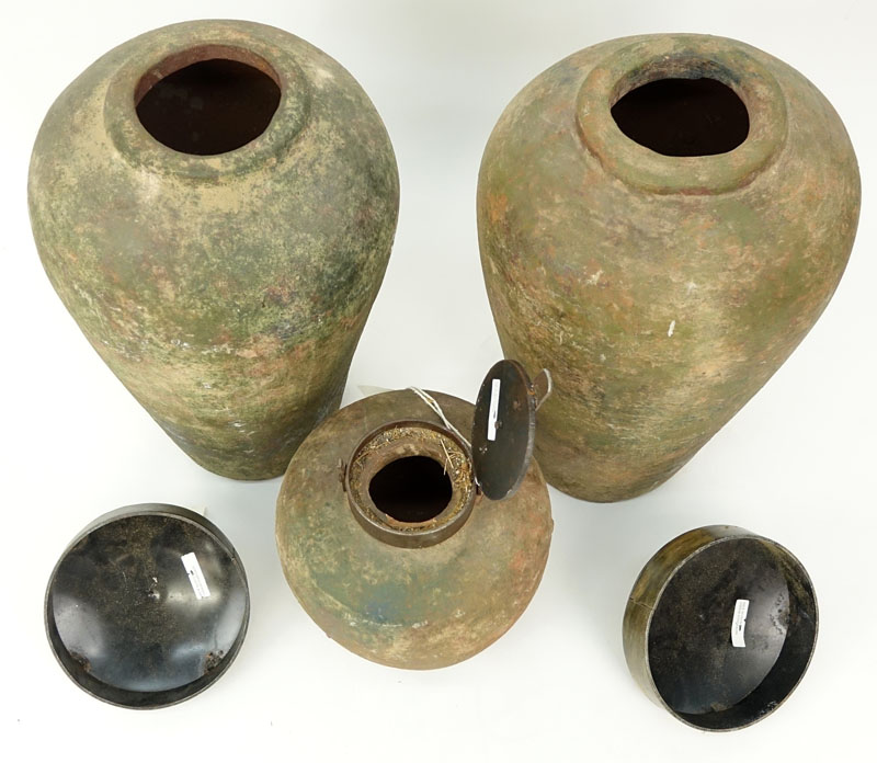 Collection of Three (3) Antique style Chinese Heavy Terra Cotta Covered Jars with Metal Lids