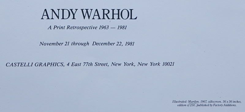 Andy Warhol, American (1928 - 1987) "Marilyn 1967", Invitation for Castelli Graphics print retrospective of Andy Warhol, 1963-1981, Silkscreen on Card
