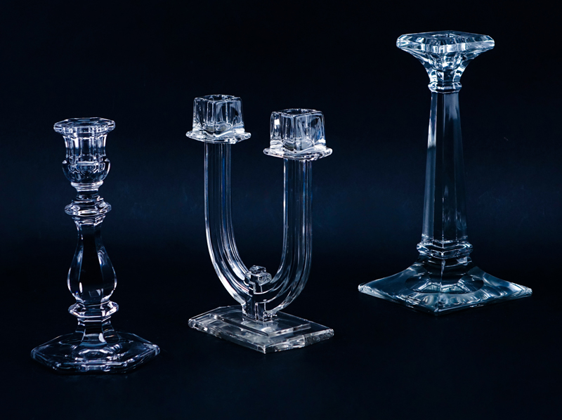 Three (3) Pairs of Heisey Glass Candlesticks in the Old Williamsburg, Aristocrat, and New Era Pattern