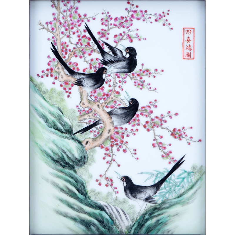 20th Century Chinese "Tung Che" Enamel Painted Porcelain Plaque, Birds Among Prunus Blossoms