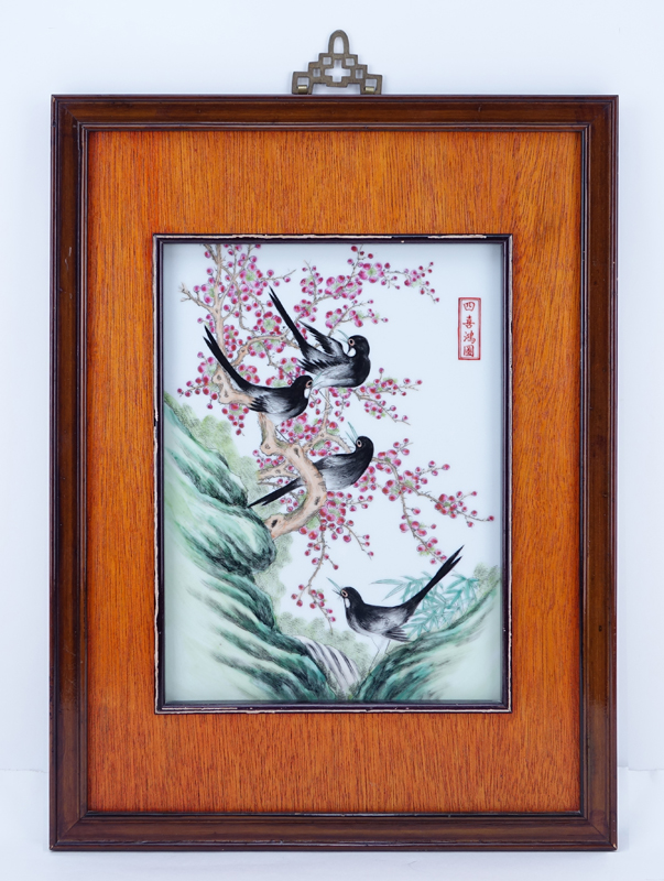 20th Century Chinese "Tung Che" Enamel Painted Porcelain Plaque, Birds Among Prunus Blossoms