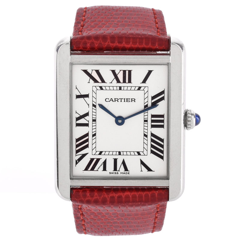 Two (2) Lady's Cartier Watches Including Tank Divan Model 2612 Stainless Steel Automatic Watch with Leather Strap and Tank Model 2715 Stainless Steel Quartz Movement Watch with Red Leather Strap