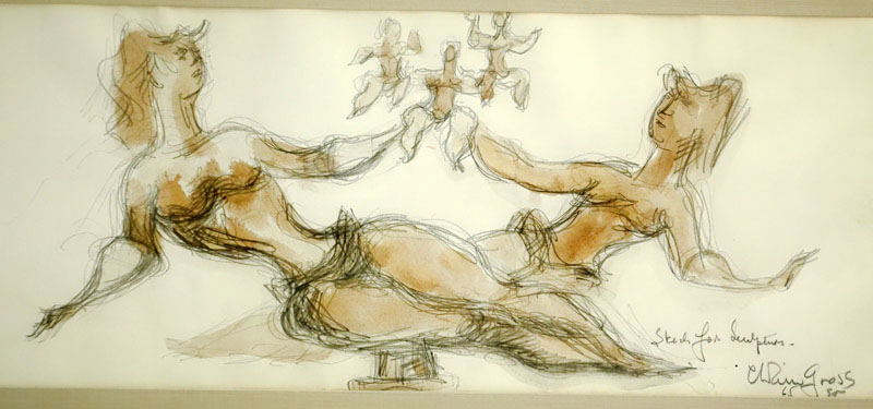 Chaim Gross, American (1904-1991) Pencil and watercolor "Sketch For Sculpture"