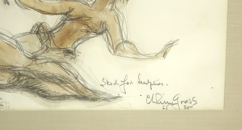 Chaim Gross, American (1904-1991) Pencil and watercolor "Sketch For Sculpture"