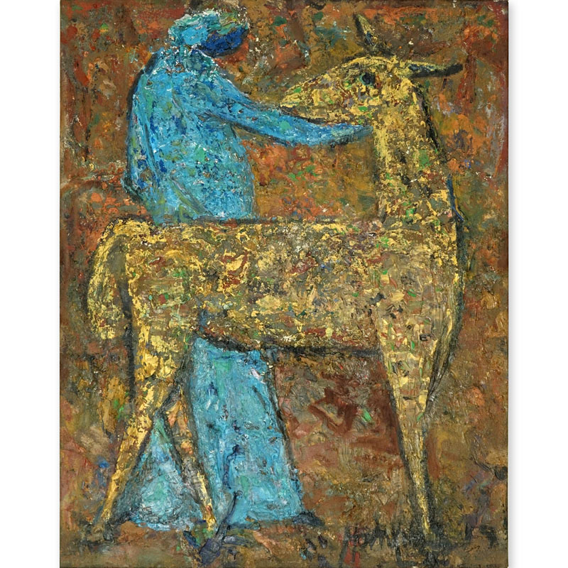 Mid-Century Oil On Canvas "Abstract  Of Man and Deer"