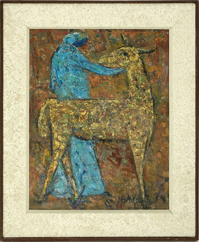 Mid-Century Oil On Canvas "Abstract  Of Man and Deer"