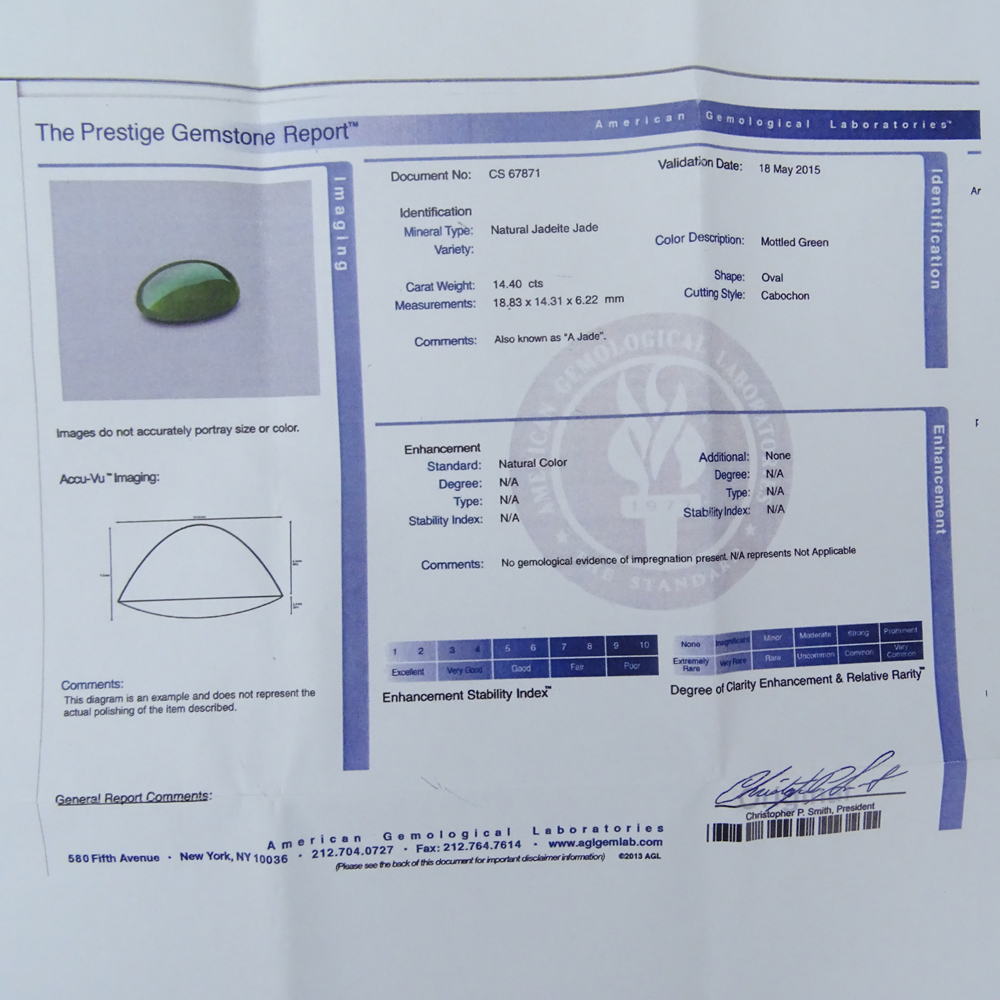 AGL Certified Loose 14.40 Carat Oval Cabochon Apple Green Natural Jadeite Jade
