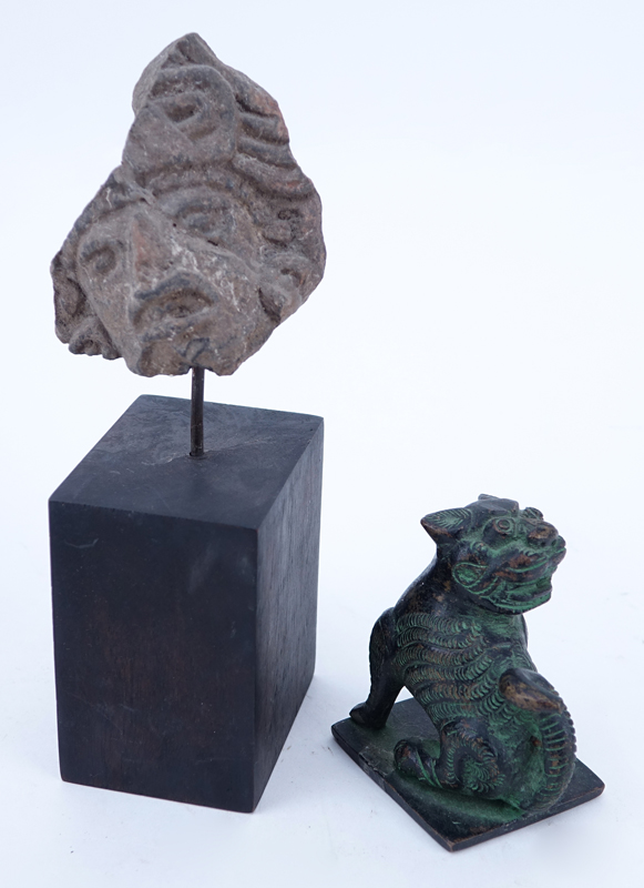 Collection Of Three (3) Asian Bronzes and a Pre-Colombian Pottery Mask, Includes a modern Chinese signed foo dog, Indian elephant, Indian Temple Toy