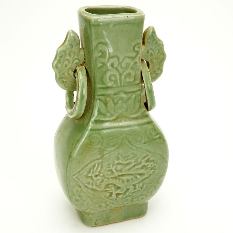 Chinese Yuan Dynasty Celadon Glazed and Incised Ring Handled Vase