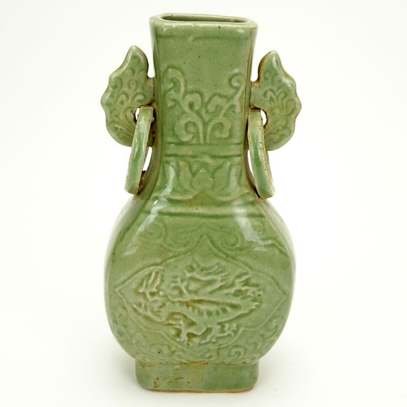 Chinese Yuan Dynasty Celadon Glazed and Incised Ring Handled Vase