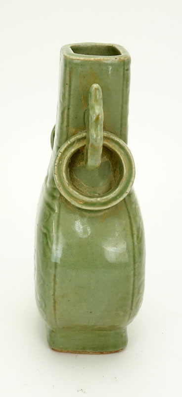 Chinese Yuan Dynasty Celadon Glazed and Incised Ring Handled Vase