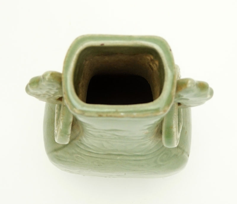 Chinese Yuan Dynasty Celadon Glazed and Incised Ring Handled Vase